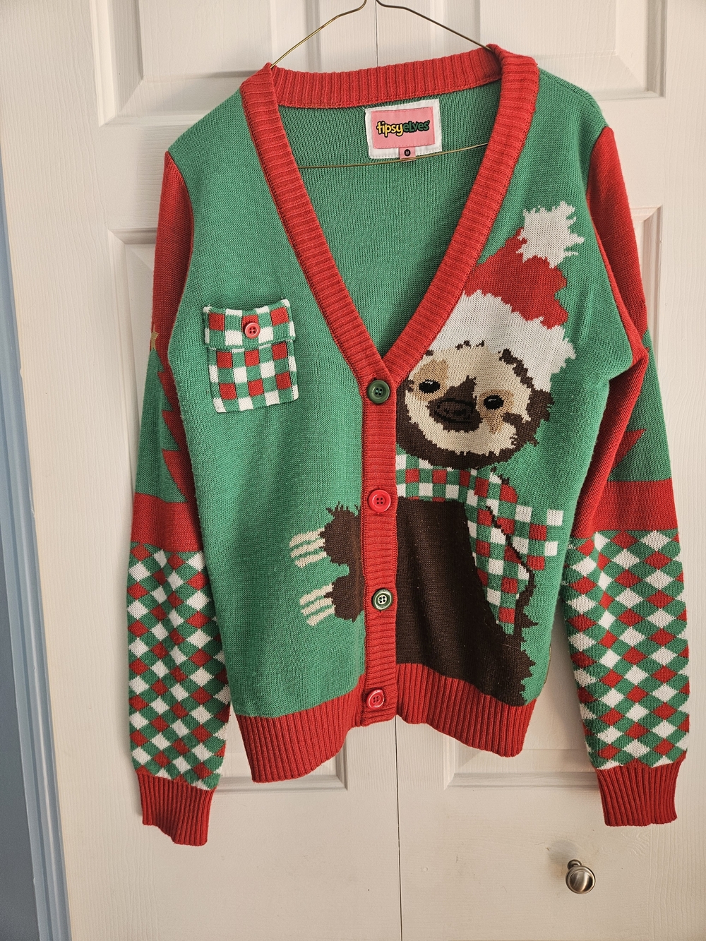 Tipsy Elves Green Sloth Ugly Christmas Sweater with Red Ribbed Trim, Size M.